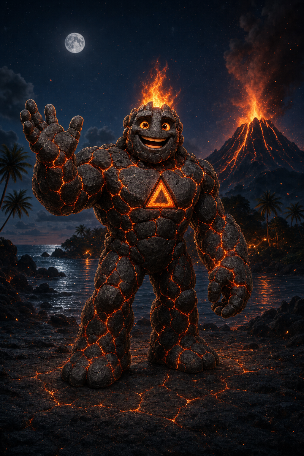 Volcano, the friendly obsidian golem mascot, welcoming players