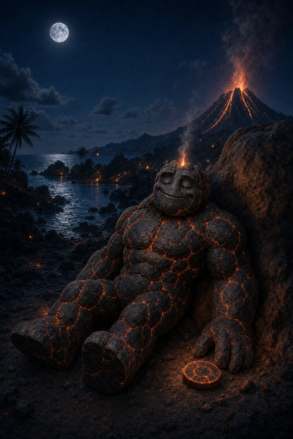 Volcano mascot dozing with smoke wisps while the daily bonus recharges